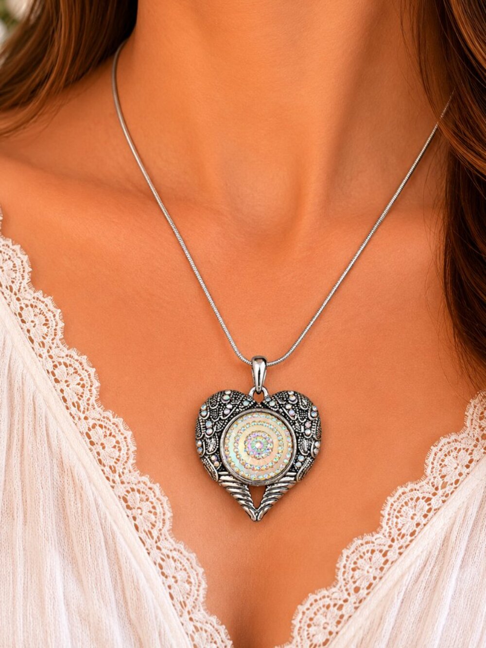 Silver Angel Wing Heart Snap Necklace Iridescent Swirl Rhinestone 16"